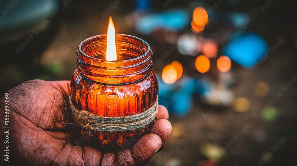 Poster hand holding a glowing jar candle with a warm flame, surrounded by softly blurred lights in the back
