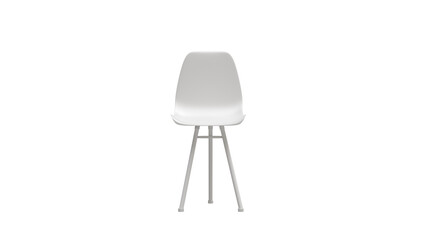 3D visualization of a white chair with three thin metal legs on a white background, a minimalist furniture object for interior