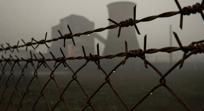 Rusty barbed wire fence in the fog with abandoned industrial buildings in the background