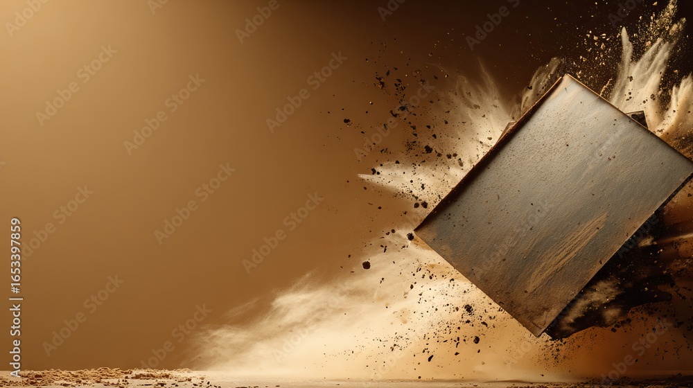 Poster dynamic explosion of dust and debris as a metallic box is forcefully thrown against a surface, creat