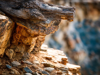 Close-up of weathered rocks and driftwood along a rugged shoreline