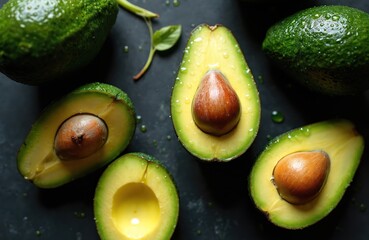 Whole, halved avocados with glistening water droplets showcase creamy green flesh, rich brown seeds. Dark background enhances vibrant colors, textures of healthy, versatile fruit, perfect for
