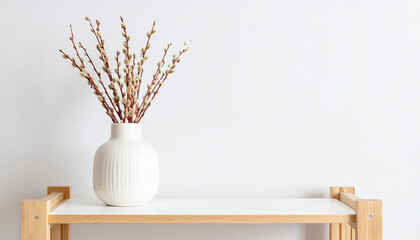 Elegant White Vase with Pussy Willow Branches on a Wooden Shelf