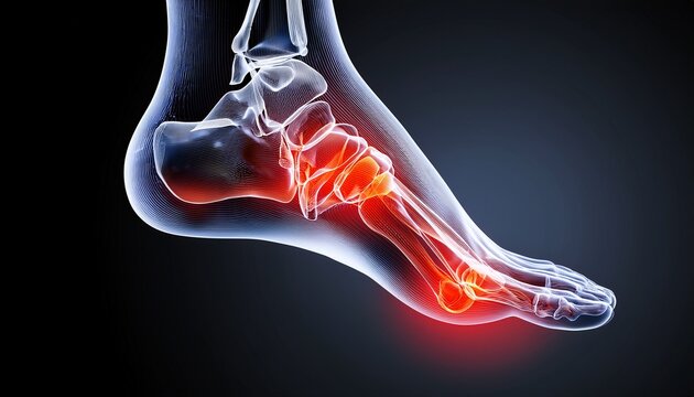 transparent foot with highlighted red areas indicating pain or inflammation