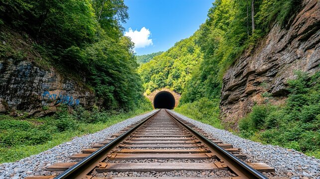 Train tunnel with colorful graffiti on the walls. Railroad tracks lead straight towards the tunne. Railway tunnel entrance.