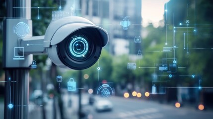 Surveillance street camera with digital security icons.