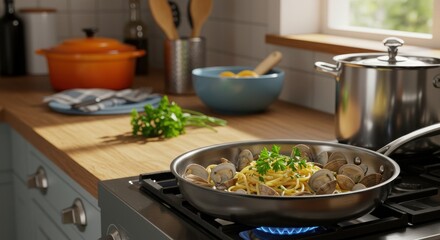 Meatball pasta cooking in a pan on a gas stove with fresh herbs