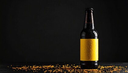 Photo of a dark beer bottle with a yellow label on a black background. The bottle has condensation droplets on it, and yellow grains are scattered around it.