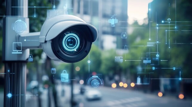 Surveillance street camera with digital security icons. - Powered by Adobe