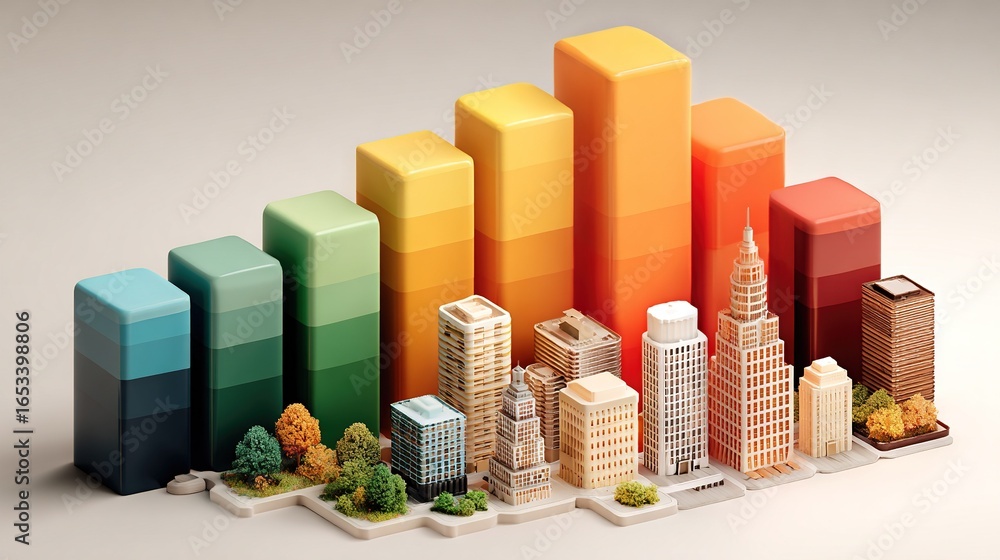 Poster a row of towering structures flanking a tree line on a pristine background
