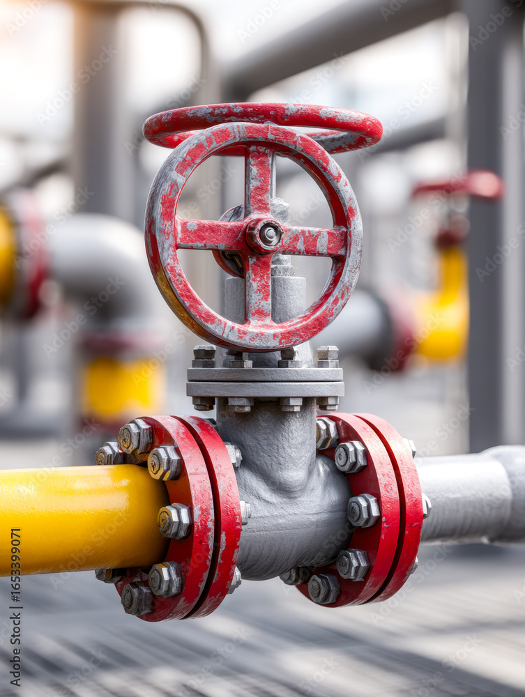 Poster industrial pipeline valve with red handles and yellow pipe sections in a facility setting