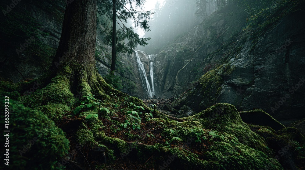 Poster a waterfall cascading through a forest, surrounded by lush moss on the rocks and towering trees on e
