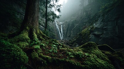 Fototapeta premium A waterfall cascading through a forest, surrounded by lush moss on the rocks and towering trees on either side