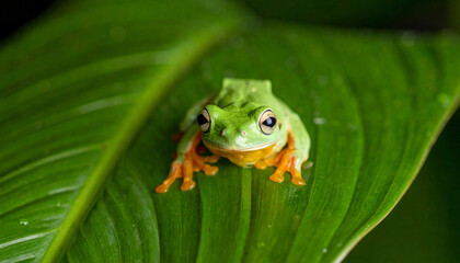 Green Frog Perched on a Leaf A CloseUp Shot