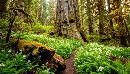 Obraz premium Lush forest floor with giant tree and wildflowers