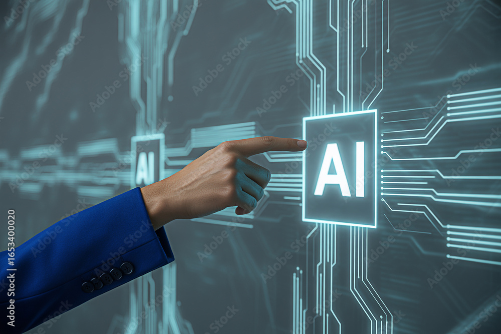 Poster artificial intelligence ai technology concept hand touching ai icon on digital interface screen