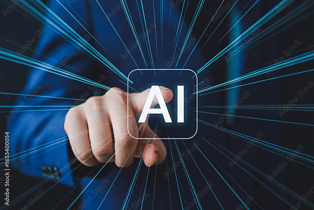Poster artificial intelligence ai technology concept hand touching digital interface innovation future 100