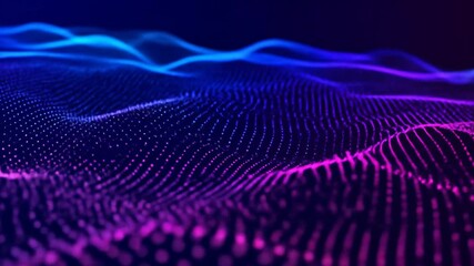 Abstract digital landscape with vibrant neon waves and flowing particles animation - Powered by Adobe