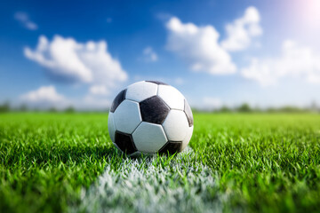 Fototapeta premium Classic black and white soccer ball on a lush green field under a bright blue sky