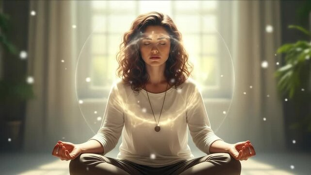Serene meditation with peaceful ambient light and floating particles