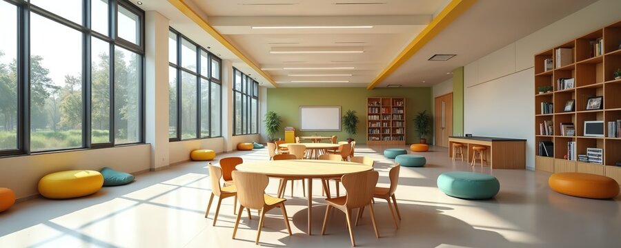 Modern educational classroom interior featuring flexible seating and collaborative workspaces. Large windows flood space with natural light, creating inviting atmosphere for learning and interaction.