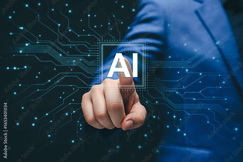 Poster ai artificial intelligence technology concept with hand touching futuristic interface screen panel