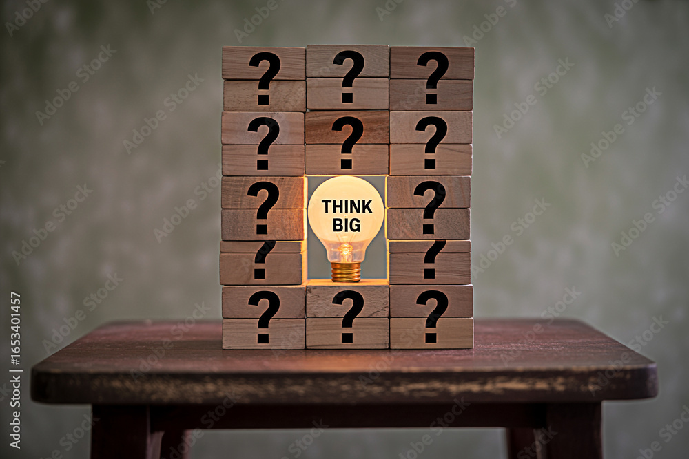 Poster think big concept with lightbulb and question marks blocks for creative idea and innovation 100