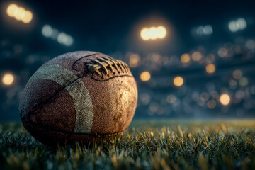 Close-up of a worn football on a field with stadium lights in the background