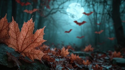 Vivid autumn leaves dance with bats under the haunting moonlight in a spooky Halloween night