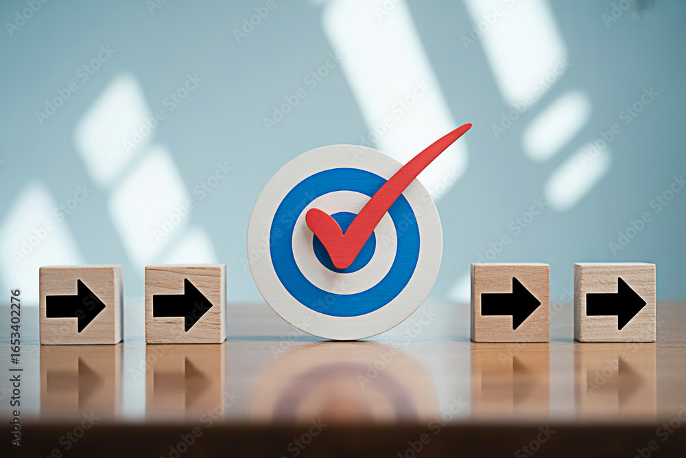 Poster achieving goals and success following the right direction with target and check mark concept image