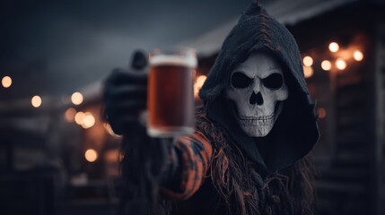 Mysterious figure in a cloak raises a beer mug during a spooky Halloween celebration