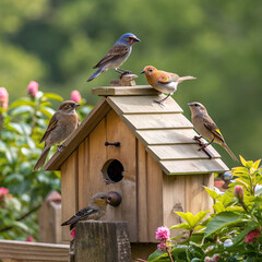a group of birds sitting on top of a wooden birdho