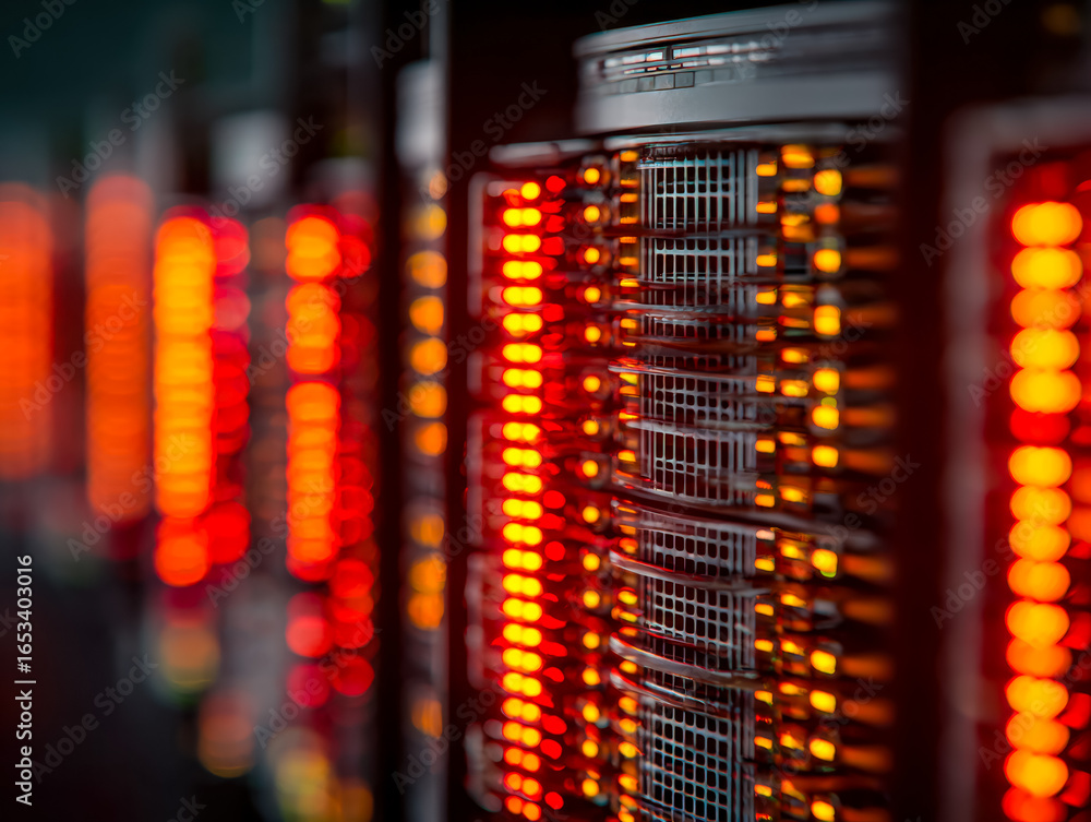 Poster data center server racks illuminated with vibrant red led indicator lights