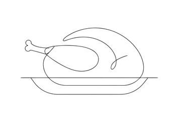 Minimalist continuous line drawing a roasted chicken a platter Continous line food