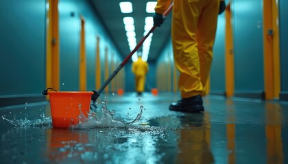 Cleaning crew in yellow suits mops flooded hallway. Water spills on floor. Team works on cleanup after accident in building. Professional maintenance service for wet, damaged facility floors.