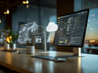 Cloud computing and data analysis on modern computer setup in a tech workspace