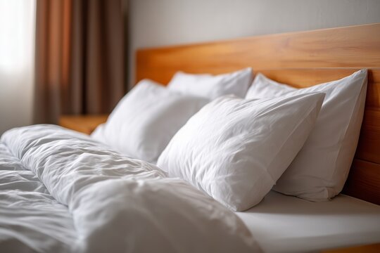 Close up of a bed with white linen and pillows in a bedroom setting. Comfortable, clean bedding for relaxation and leisure.