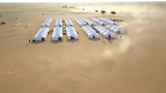 Tourists walking near tents in desert camp at sunset