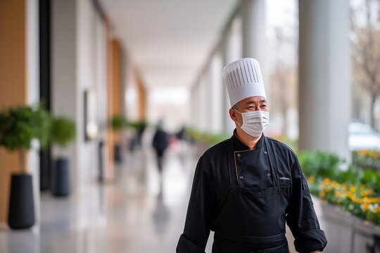 Asian man chef in a white toque and black uniform wearing a face mask outside a building. Food service worker during an outbreak.