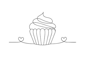 Minimalist single line drawing a cupcake with hearts Continous line dessert sweet