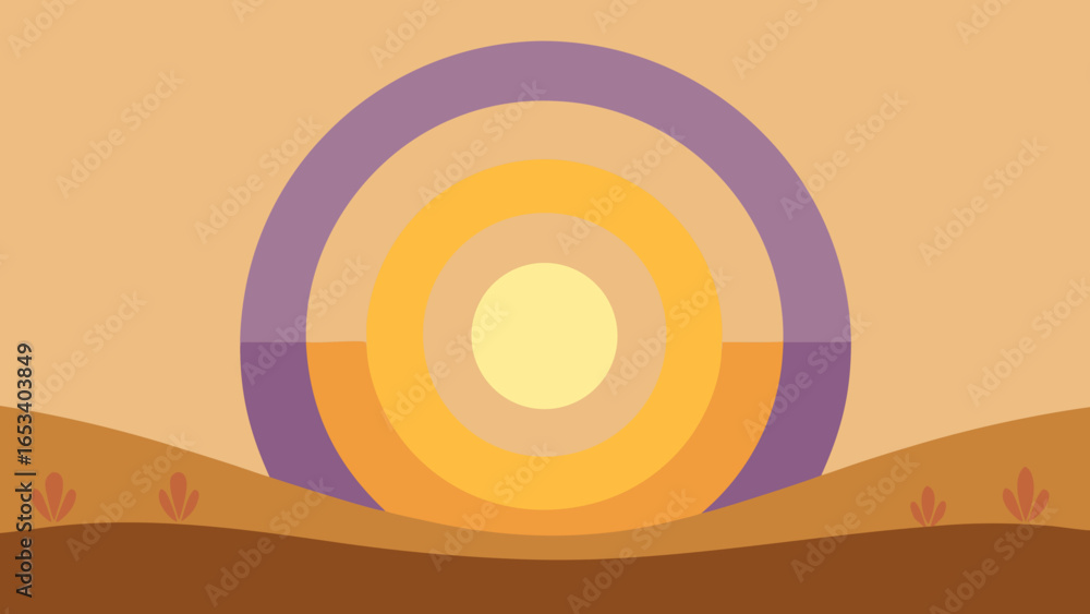Poster abstract sunset landscape with concentric circles over rolling hills and sparse plants transparency 