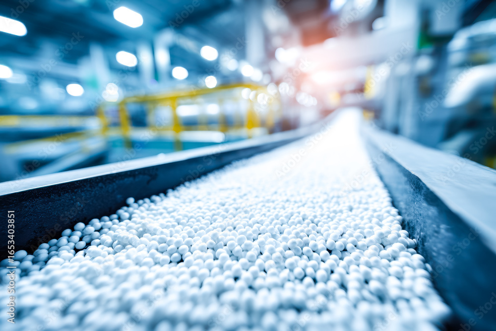 Poster manufacturing process of tiny white spherical components in a factory setting