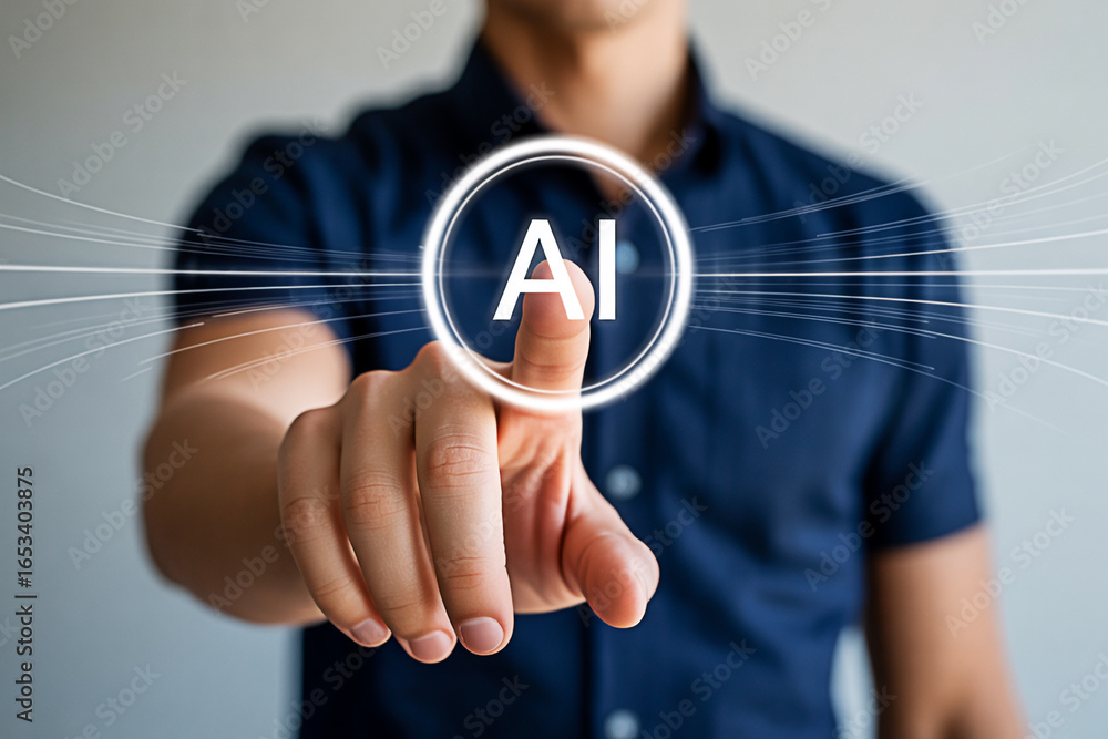 Poster ai artificial intelligence concept man touching screen future technology innovation network automati