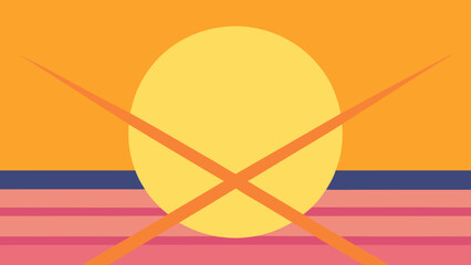 Abstract sunset with a large yellow sun and crossing orange lines vector illustration transparency background