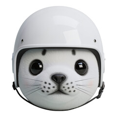 Fototapeta premium Cartoon white seal plush toy wearing helmet cute animal isolated on transparent background