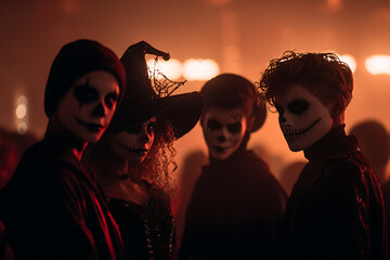 festive costume party, friends in scary costumes at a halloween party