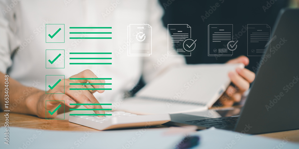 Poster completing digital checklist on a laptop with icons of approved documents, representing task managem