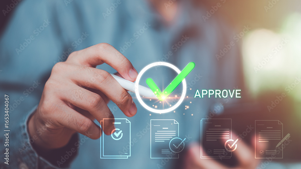 Poster digital approval concept featuring hand using stylus with check mark icon, document validation, elec