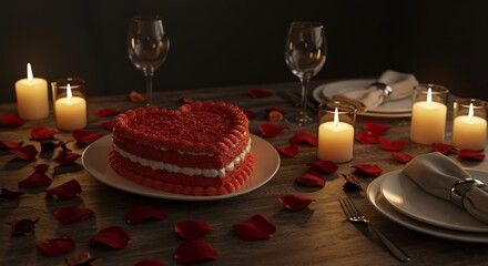 Romantic heart-shaped cake on dinner table with candles and roses  