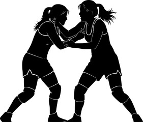 Women Wrestling Silhouette Vector Black Outline
